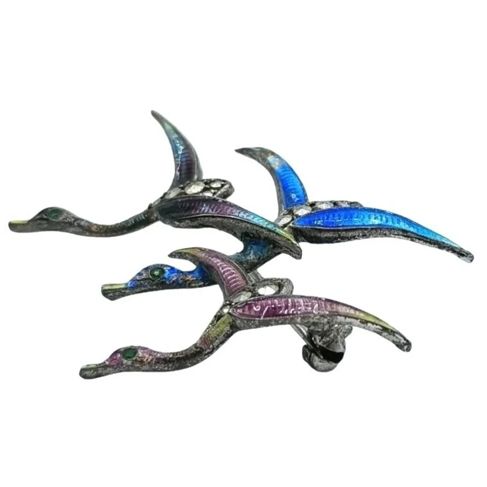 Vintage 835 Silver Bird Brooch Marcasites Enamel Ducks Flying Figural Pin Jewelr